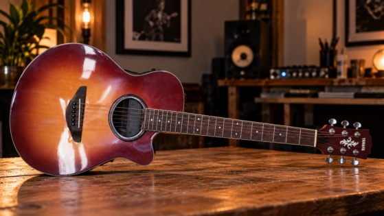 Figura intera della Yamaha APX-3 su tavolo in studio di registrazione