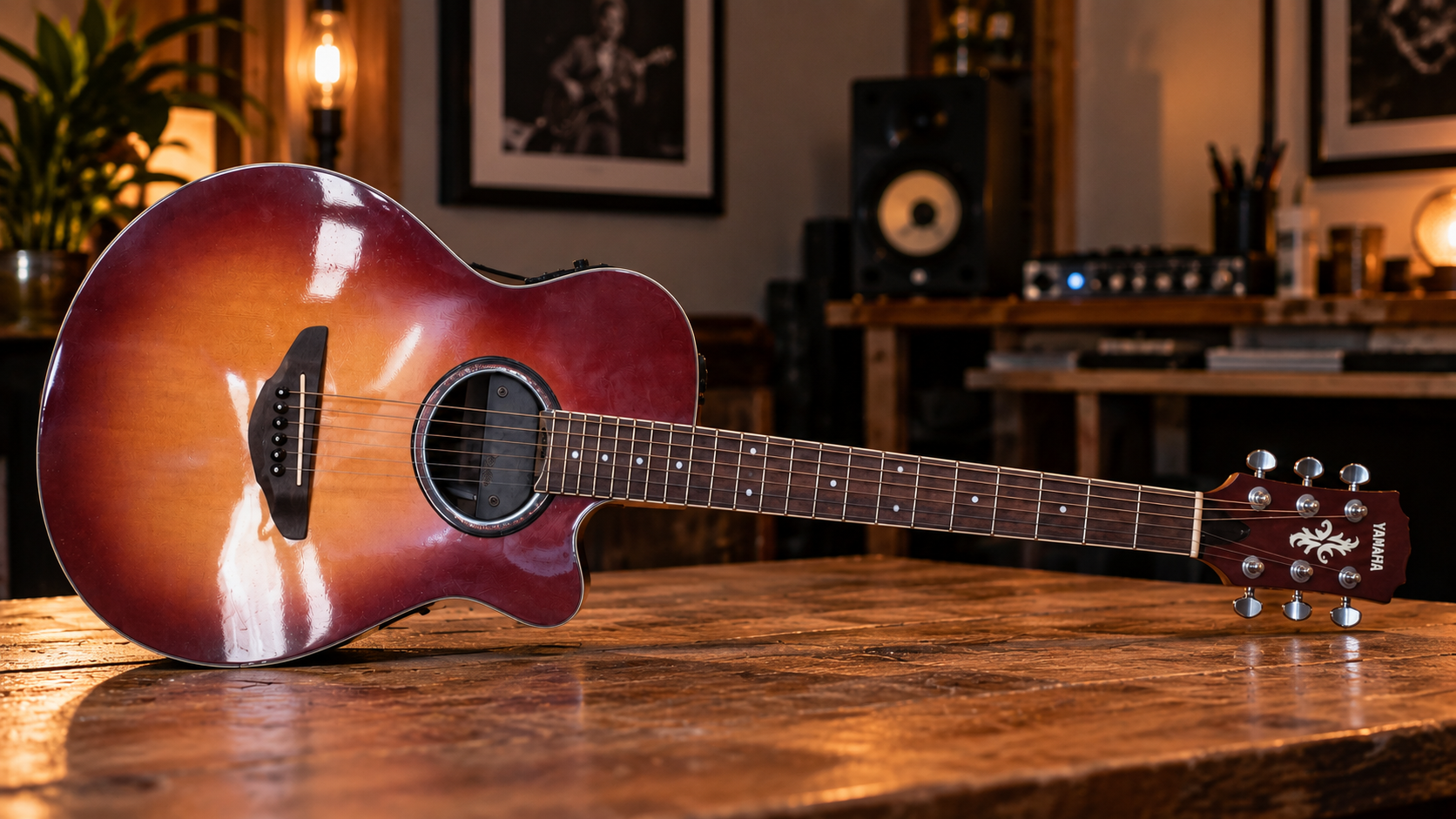 Figura intera della Yamaha APX-3 su tavolo in studio di registrazione
