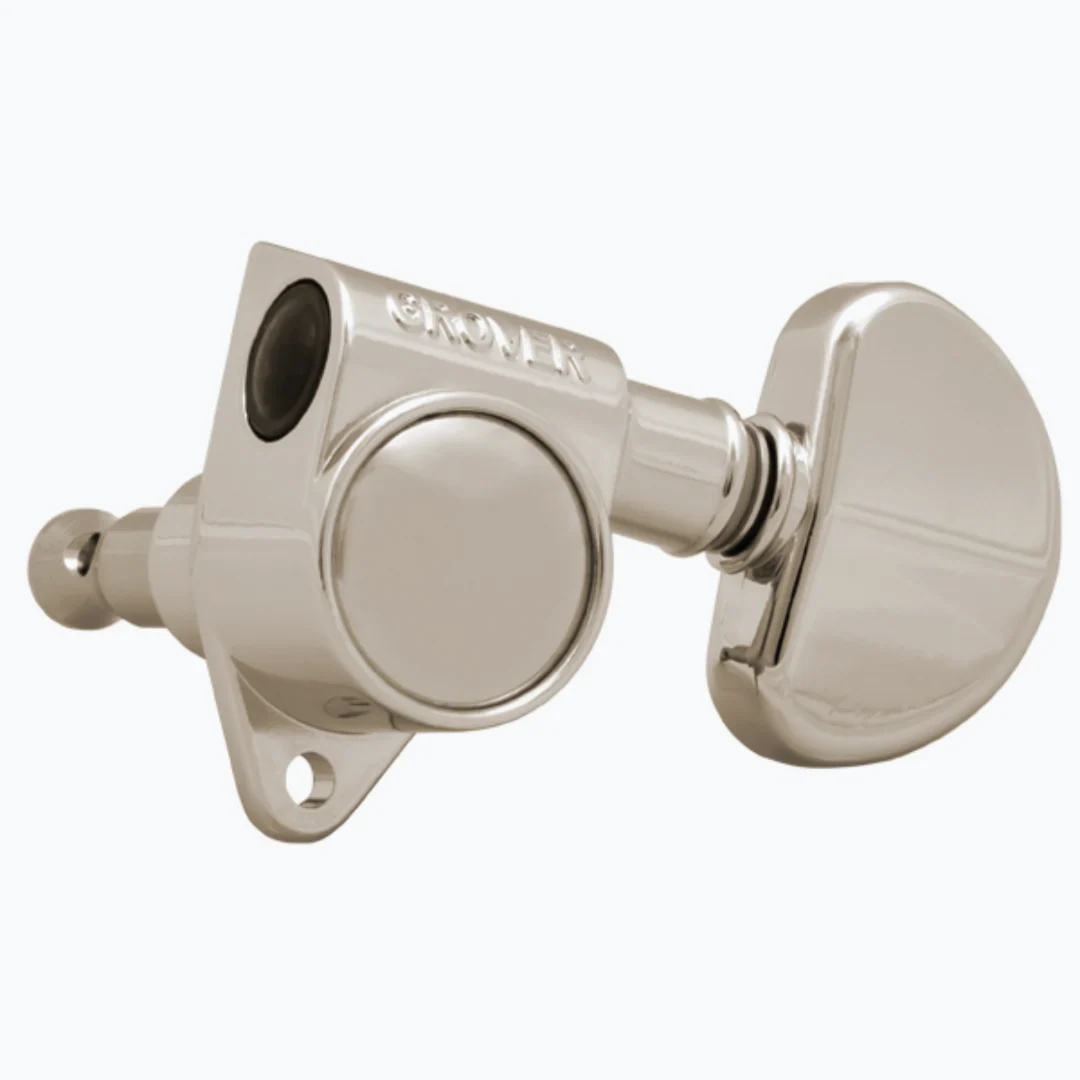 Dettaglio della meccanica Grover 102-18N con manopola Kidney e corpo in finitura Nickel
