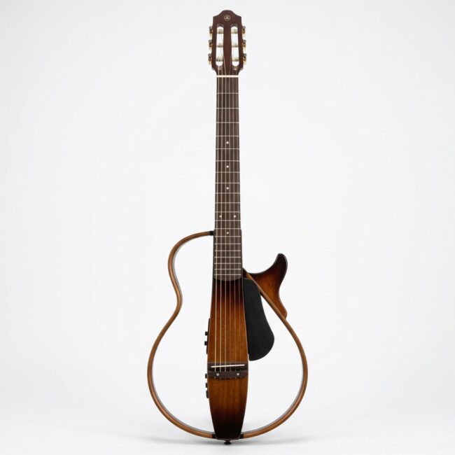 Chitarra Silent Yamaha SLG200N Tobacco Brown Sunburst vista frontale completa su sfondo bianco